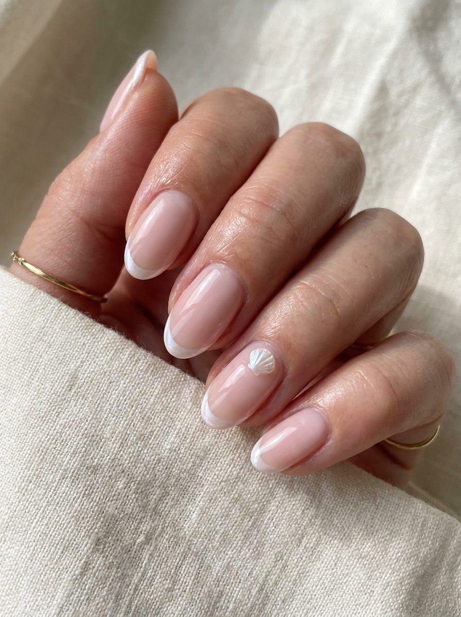 Shell French Nails mit perlmuttartigen Spitzen und feinem Muschel-Akzent